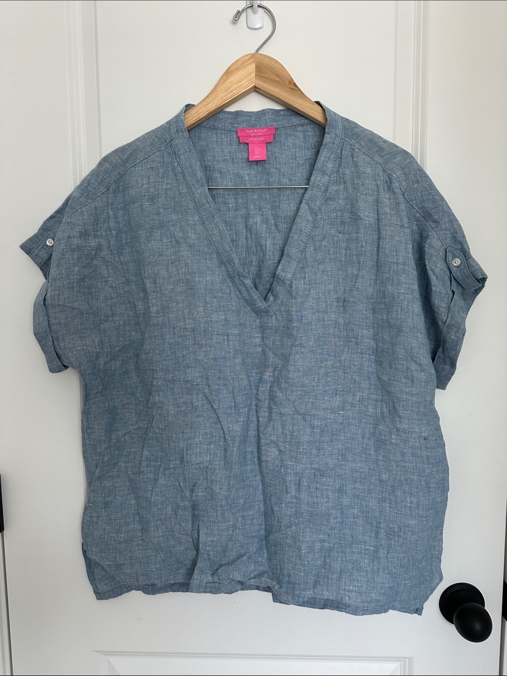 Isaac Mizrahi Women’s V-Neck Short Sleeve Linen Tunic Light Blue L